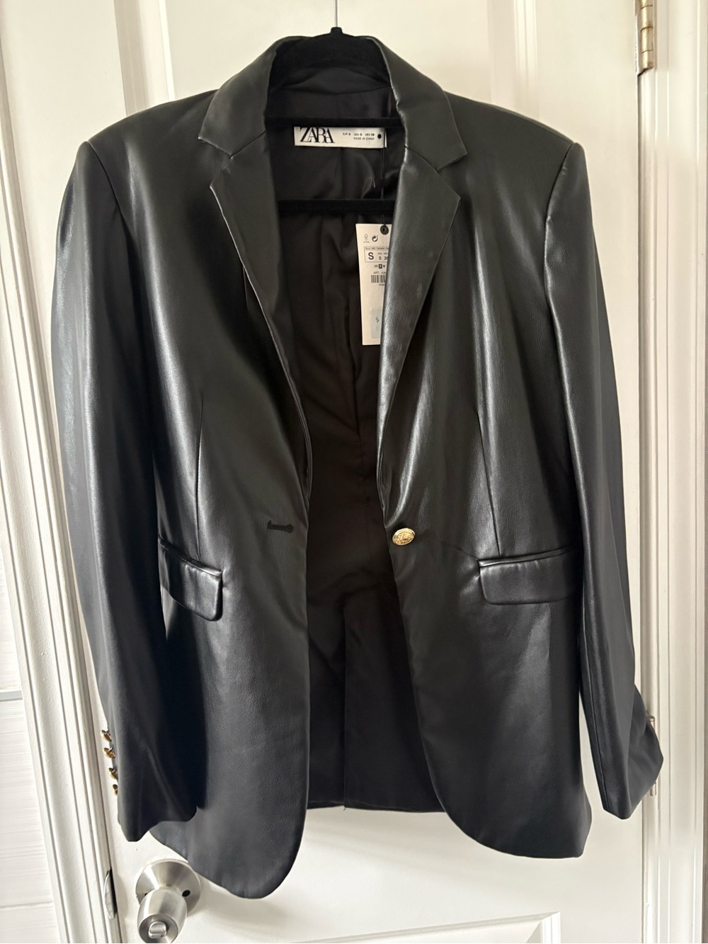 Zara Black Faux Leather Blazer with Gold Button